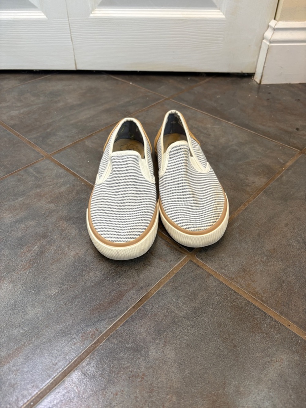 Margaritaville Women's Striped Slip-On Flats in White and Tan